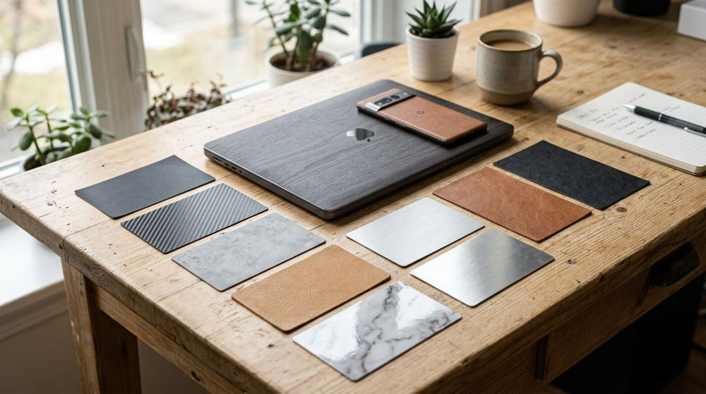 How do you compare device skin materials and finishes?