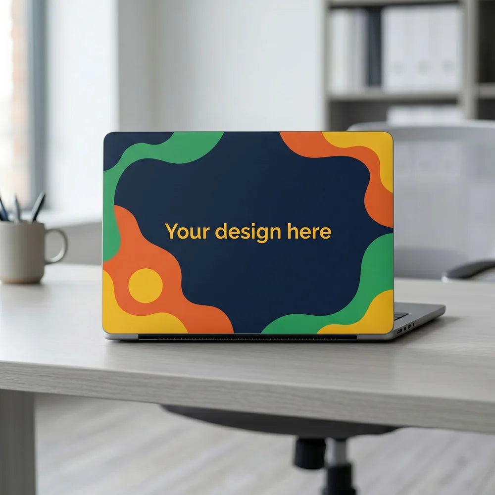 Custom-designed MacBook skin displayed in a modern workspace
