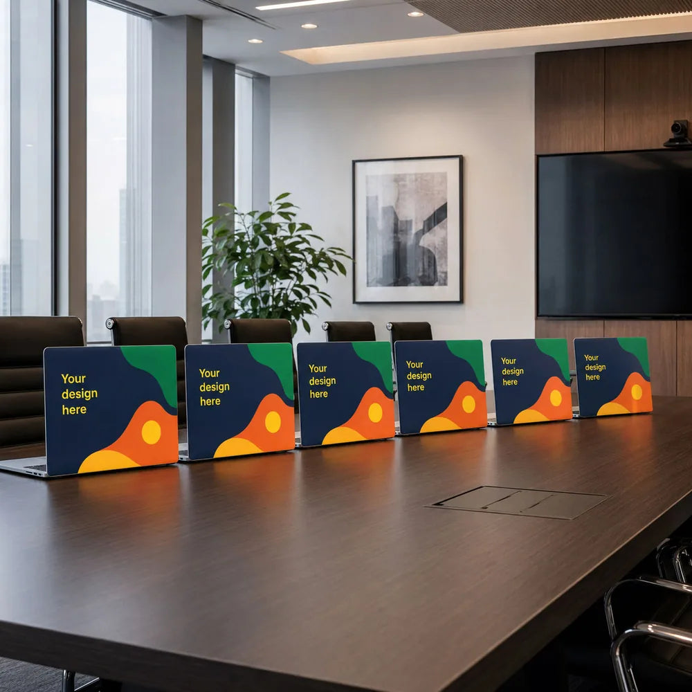Matching custom laptop skins arranged for a business team