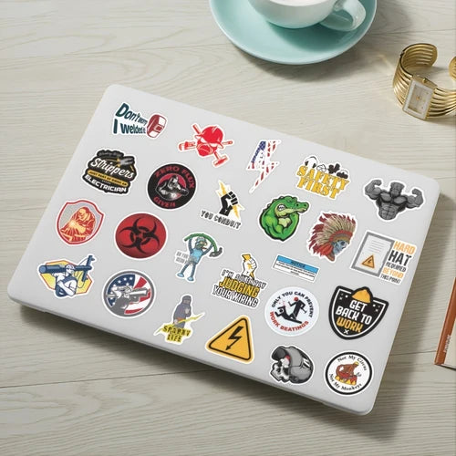 Decorative stickers arranged on a laptop