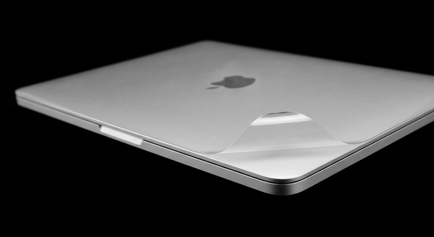Silver MacBook with a transparent Naked Series clear protective skin