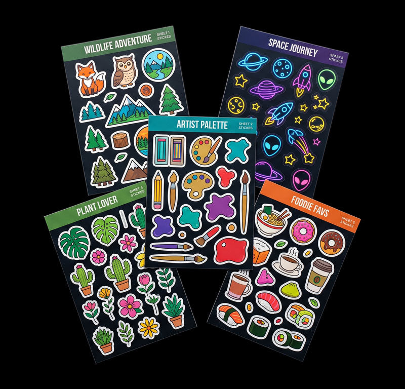 Several custom sticker sheets with themed designs