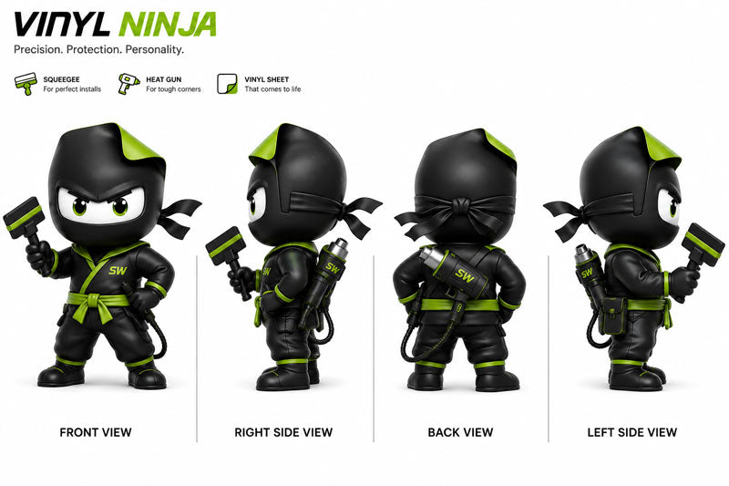 Vinyl Ninja mascot front, side, and back views with installation tools